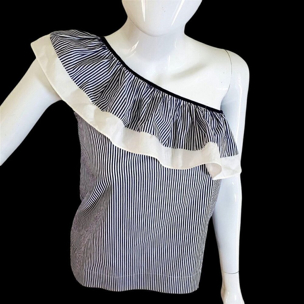 J Crew One Shoulder Ruffle Flounce Top Size 000 Blue White Striped Cotton NEW